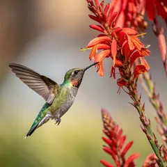 Recraft V3 — A hummingbird hovering next to a bright red flower