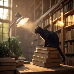 Recraft V3 — A black cat sitting on a stack of old books in a c