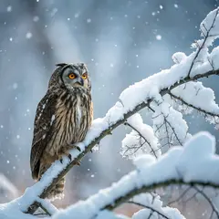 Recraft V3 — An owl perched on a snow-covered branch, intense a