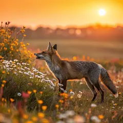 Recraft V3 — A fox in a field of wildflowers, backlit by sunset