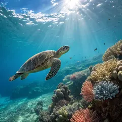 Recraft V3 — A giant sea turtle swimming over a coral reef, und