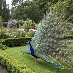 Recraft V3 — A peacock displaying its full tail feathers, vibra