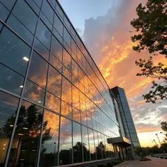 Recraft V3 — A modern glass skyscraper reflecting clouds at sun