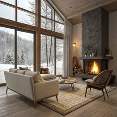 Recraft V3 — A cozy Scandinavian living room with a fireplace, 