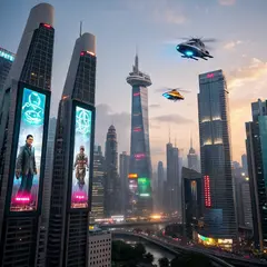 Recraft V3 — A futuristic city skyline with flying vehicles, sl
