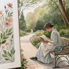 Recraft V3 — A woman reading a book in a garden, watercolor pai