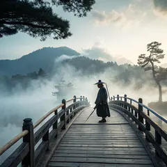 Recraft V3 — A lone samurai standing on a misty bridge, ukiyo-e
