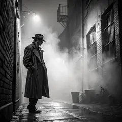 Recraft V3 — A noir detective in a foggy alley, graphic novel s