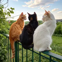 Recraft V3 — Three cats of different colors sitting in a row on