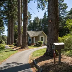 Recraft V3 — A small house between two tall trees, with a path 