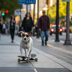 Recraft V3 — A dog wearing sunglasses riding a skateboard down 