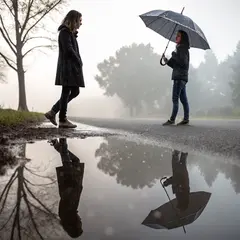 Recraft V3 — A woman holding an umbrella in the rain, reflected