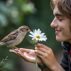 Recraft V3 — A bird perched on the left hand of a person, the r