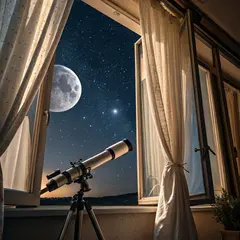 Recraft V3 — A telescope pointing at the moon through an open w