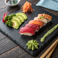 Recraft V3 — A perfectly plated sushi omakase on a black slate 