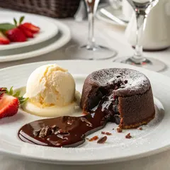 Recraft V3 — A dripping chocolate lava cake cut open on a white