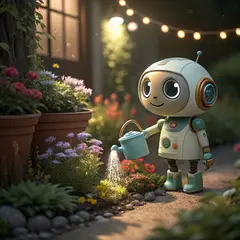 Recraft V3 — A 3D render of a cute robot watering plants in a m