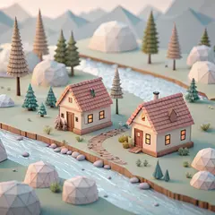 Recraft V3 — An isometric low-poly village with tiny houses, tr