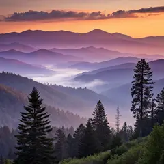 Recraft V3 — A misty mountain range at sunrise, layers of purpl