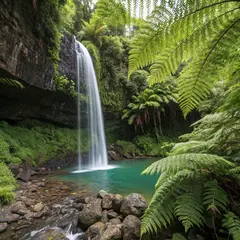 Recraft V3 — A waterfall cascading into a tropical pool surroun