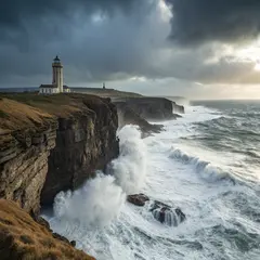 Recraft V3 — A coastal cliff with crashing waves below, lightho