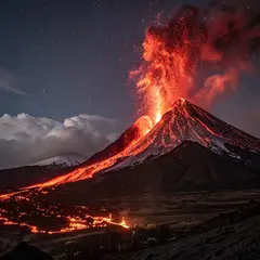 Recraft V3 — A volcano erupting at night with lava flowing down