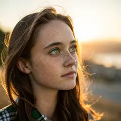 Recraft V3 — A young woman with freckles and green eyes, golden