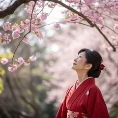 Recraft V3 — A Japanese woman in a red kimono standing under ch
