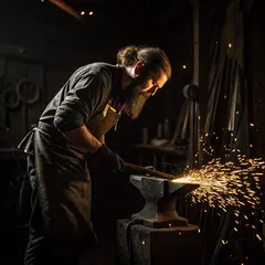 Recraft V3 — A bearded blacksmith in a dark workshop, sparks fl