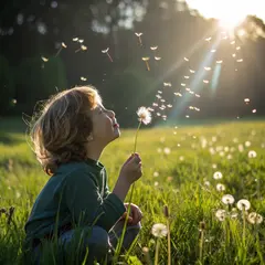 Recraft V3 — A child blowing dandelion seeds in a sunlit meadow