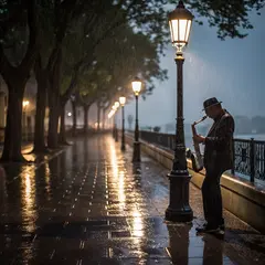 Recraft V3 — A street musician playing saxophone under a lamppo