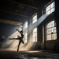 Recraft V3 — A ballet dancer mid-leap in an abandoned warehouse