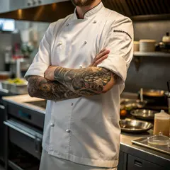 Recraft V3 — A tattooed chef in a white coat, arms crossed, con