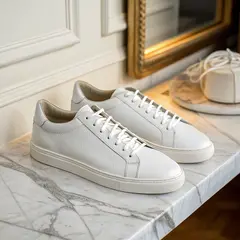 Recraft V3 — A pair of white leather sneakers on a marble count