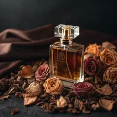 Recraft V3 — A bottle of amber perfume on a bed of dried roses,