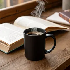 Recraft V3 — A matte black coffee mug with steam rising, placed