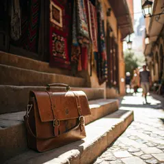 Recraft V3 — A leather messenger bag on a sun-dappled step in a