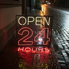Recraft V3 — A glowing neon sign reading OPEN 24 HOURS in a dar