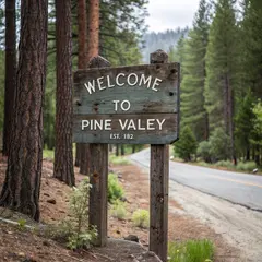 Recraft V3 — A weathered wooden sign reading WELCOME TO PINE VA
