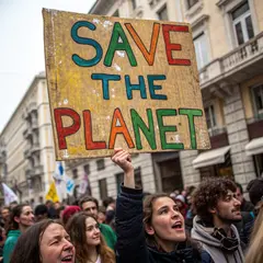 Recraft V3 — A protest sign held up in a crowd reading SAVE THE