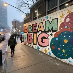 Recraft V3 — A graffiti mural on a brick wall spelling DREAM BI