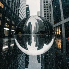 Recraft V4 — A glass sphere refracting a distorted cityscape, s