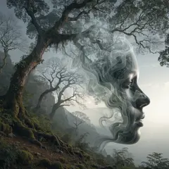 Recraft V4 — A double exposure photograph combining a forest wi