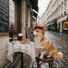 Recraft V4 — A corgi wearing a red beret sitting in a Parisian 