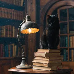 Recraft V4 — A black cat sitting on a stack of old books in a c