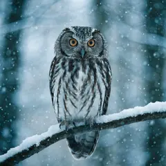 Recraft V4 — An owl perched on a snow-covered branch, intense a