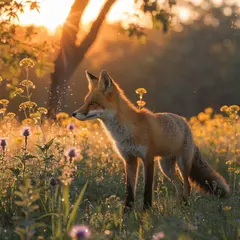 Recraft V4 — A fox in a field of wildflowers, backlit by sunset