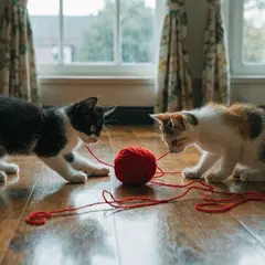 Recraft V4 — Two kittens playing with a ball of red yarn on a h