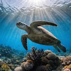 Recraft V4 — A giant sea turtle swimming over a coral reef, und