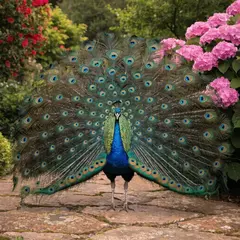 Recraft V4 — A peacock displaying its full tail feathers, vibra